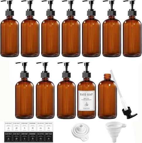 12 Pack Amber Glass Bottles 16oz with Pump Dispensers, Refillable Empty Pump Bottles for Bathroom, Kitchen, Shampoo, Soap, Lotion – Includes 2 Funnels & 12 Labels in Kuwait
