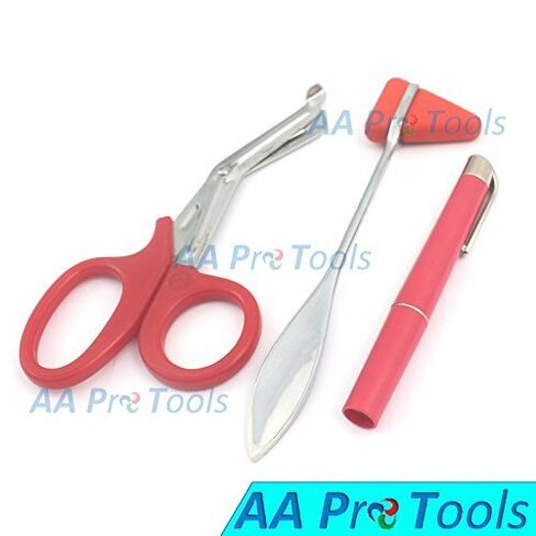 مجموعة AA PRO مكونة من 3 أقلام PENLIGHT حمراء قابلة لإعادة الاستخدام + مطرقة إيقاعية تايلور ذات رأس أحمر + مقصات طبية حمراء مقاس 7.5 بوصة جودة A+ in Saudi Arabia