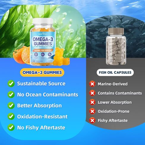 Vegan Omega-3 Gummies - 1600mg with 600mg EPA & 400mg DHA. High Absorption Formula. Delicious Orange Flavor - 60 Gummies in Saudi Arabia