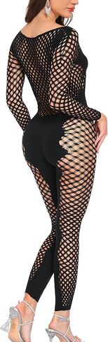 Womens Sexy Bodycon Jumpsuits Sheer Mesh Grid Off Shoulder Full Body Jumpsuit for Women Openwork Knit One Piece with Coverage Panels Long Romper Long Sleeve Catsuit Unitard in Saudi Arabia