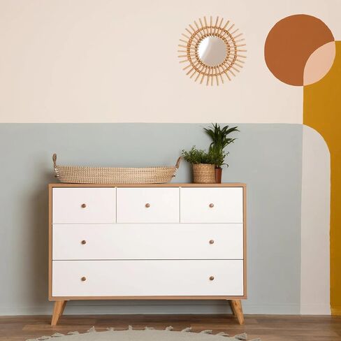 Dadada Austin 5-Drawer Dresser للحضانة وغرفة النوم-التصميم الحديث ، تخزين كبير ، النهاية الآمنة للأطفال ، السلامة المضادة للنيابة ، أقدام خشبية صلبة ، بناء متين (أبيض+طبيعي) in Kuwait