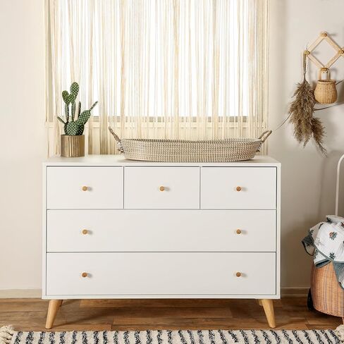 dadada Austin 5-Drawer Dresser for Nursery and Bedroom - Modern Design, Large Storage, Baby-Safe Finish, Anti-Tip Safety, Solid Wood Feet, Durable Construction (White+Natural) in Saudi Arabia