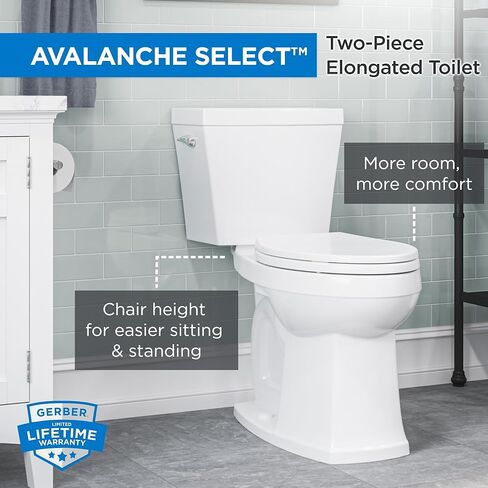مرحاض Gerber Avalanche Select 1.28 GPF مكون من قطعتين مع سطح هادئ ونظيف، ارتفاع كرسي ADA، مقعد خشن 12 بوصة، إغلاق ناعم ومجموعة تثبيت مع حلقة شمع، أبيض، GRS48211E in Saudi Arabia