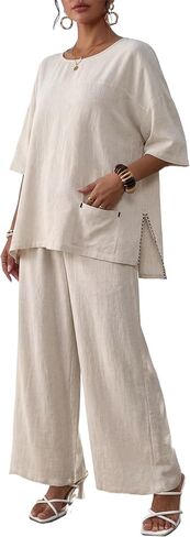 Women's Linen 2 Piece Outfits Short Sleeve Top Wide Leg Trouser Pants Suits Summer Casual Dressy Linen Sets in Saudi Arabia