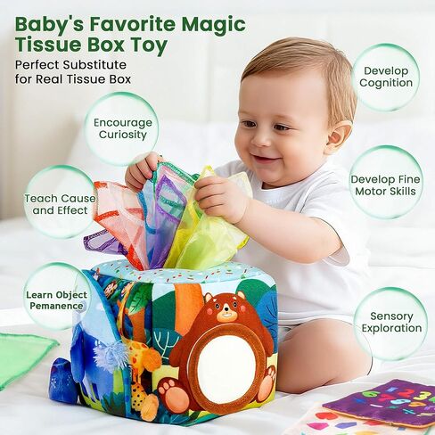 Baby Tissue Box Toy - Baby Toys 6-12 Months Montessori Toys for 6 7 8 9 12 Month Old Baby Must Haves Learning Educational Toy with Stuffed Animals Crinkle Sensory Toys for 1 Year Old Girl Boy Gifts in Saudi Arabia