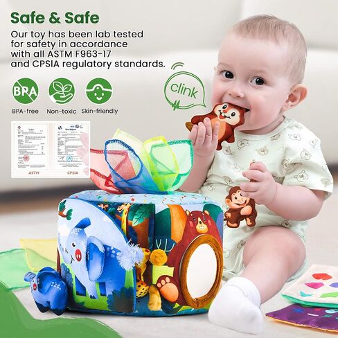 Baby Tissue Box Toy - Baby Toys 6-12 Months Montessori Toys for 6 7 8 9 12 Month Old Baby Must Haves Learning Educational Toy with Stuffed Animals Crinkle Sensory Toys for 1 Year Old Girl Boy Gifts in Saudi Arabia