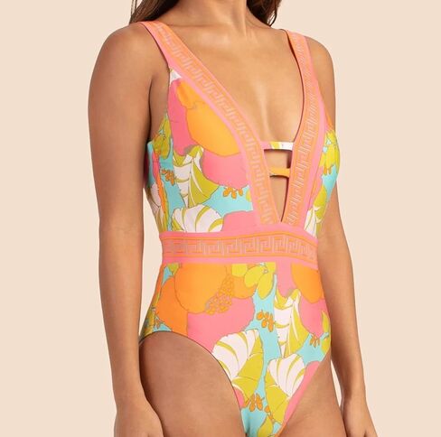 Playa De Flor Plunge One Piece Swimsuit, Multi, 14 in Saudi Arabia