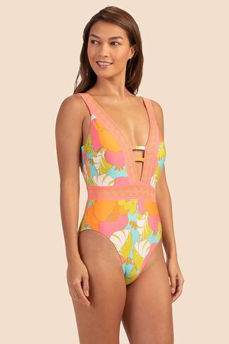 Playa De Flor Plunge One Piece Swimsuit, Multi, 14 in Saudi Arabia