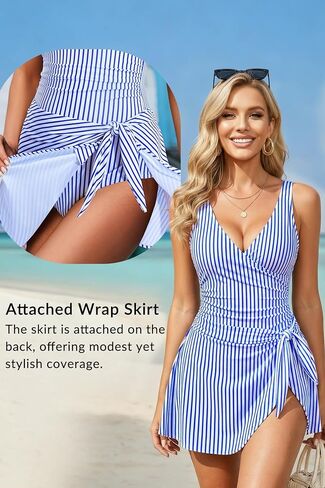 Aqua Eve Swim Dress One Piece for Women - Swimsuit with Skirt V Neck Wrap Bathing Suit Tummy Control Swimdress 2026 Blue Striped Large in Saudi Arabia
