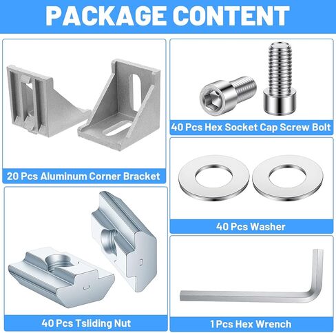 20 Set 4040 Series Aluminum Extrusion Connector Kit, Includes 20 pcs Corner Brackets, 40 M8 T-Slot Nuts, 1pc Wrench for Industrial Aluminum Profile Accessories, Silver in Saudi Arabia