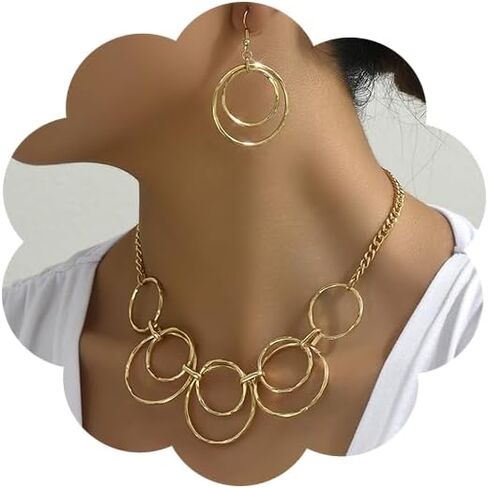 Gold Double-Loop Necklace Set for Women Loop Chain Link Choker Necklace and Dangle Loop Earrings Statement Jewelry Set in Saudi Arabia