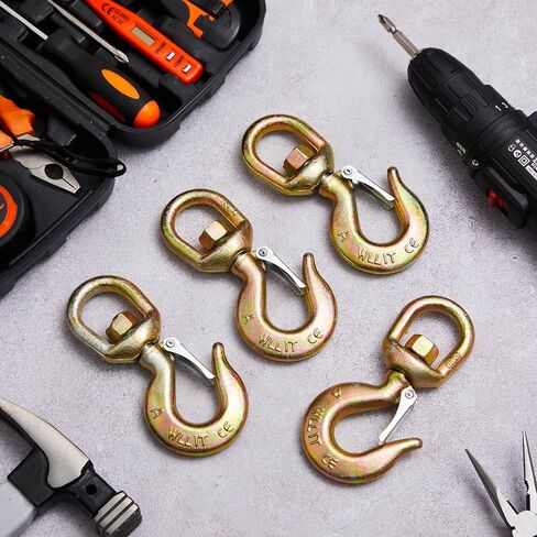 Hicarer 4 Pack 1 Ton Swivel Hook with Safety Latch, G70 Heavy Duty Forged Steel Trailer Chain Hooks, 2200 lbs Capacity for Trailer, Tow Strap & Lifting, Port Log Transportation in Saudi Arabia