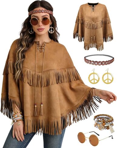 Womens Hippie Costume Clothes 70s Outfits Poncho with Accessories Fringe Crossbody Bag Sunglasses Necklace Headband in Saudi Arabia