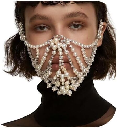 Rhinestone Pearl Mask Masquerade Face Chain Multi-layered Crystal Pearl Mesh Veils Face Jewelry for Women Festival Rave Concert in Saudi Arabia