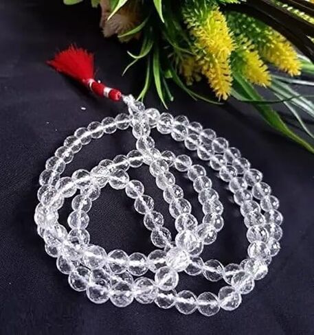 الحرف الأبدية واضح Sphatik مالا الأصلي sfatic sparkable معتمد روك كوارتز مسبحة sfatik كريستال جاب مالا | لوكسمي لاكشمي جاب | sphatic | 7 ملم 108+1 خرز in Kuwait
