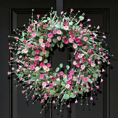 22" Daisy Spring Summer Wreath with Green Leaves, Wildflower Artificial Wreath for Front Door Home Wall Wedding Farmhouse Holiday Outdoor Indoor Décor (Yellow) in Saudi Arabia
