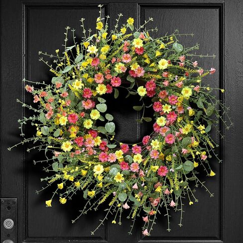 22" Daisy Spring Summer Wreath with Green Leaves, Wildflower Artificial Wreath for Front Door Home Wall Wedding Farmhouse Holiday Outdoor Indoor Décor (Yellow) in Saudi Arabia