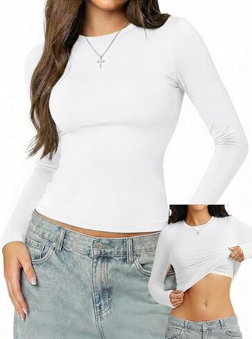 Danysu Double Lined High Round Neck Long Sleeve Tops for Women with Built in Bra Nylon Basic Crop Fall Tee Shirts in Kuwait