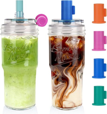 ANOTION Glass Cups with Lids and Straws - 40 Oz Tumbler with Handle and Straw Glass Water Bottles Drinking Glasses with Straws Iced Coffee Cups Travel Coffee Mug Smoothie Tumbler in Saudi Arabia