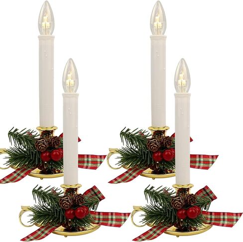 Traditions Flameless Window Candles, 4-Pack Battery Operated LED Taper Candles with Auto-Timer & Gold Holders for Christmas, Holiday & Year-Round Home Ambiance in Saudi Arabia