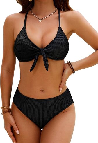 Blooming Jelly Womens Bikini Sets 2 Piece Cheeky High Cut Bathing Suit Sexy Color Block Ribbed Tie Knot Swimsuits in Saudi Arabia