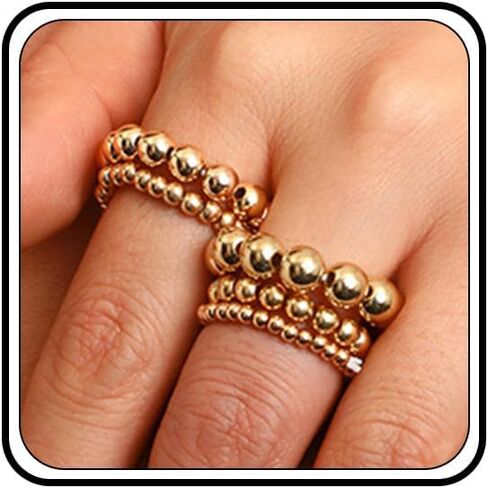 5Pcs Chunky Gold Elastic Beaded Rings Set for Women Dainty Stackable Round Balls Stretch Joint Ring Silver Simple Beaded Finger Jewelry Gifts in Saudi Arabia