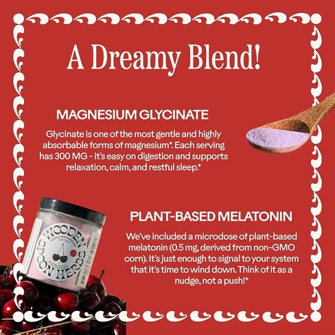 ملعقة خشبية خليط مشروب مسحوق جليسينات المغنيسيوم السحري بالأعشاب (تارت الكرز) | 300 ملغ من المغنيسيوم، 0.5 ملغ من الميلاتونين النباتي | مكمل ليلي مهدئ | مسحوق دعم النوم من إيزي ميكس، نباتي | 3.7 أوقية in Kuwait