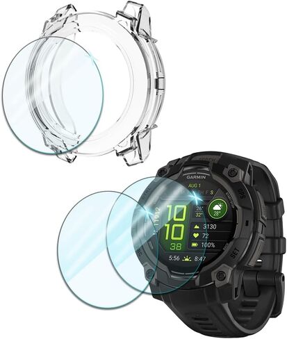 متوافق مع مجموعة واقي الشاشة والجراب مقاس 45 مم من Garmin Instinct 3، طبقة واقية من الزجاج المقوى عالي الدقة مضاد للخدش وغطاء إطار ناعم من مادة TPU (عبوة من 3+1) in Kuwait