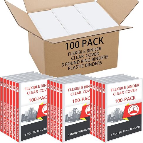Fulmoon 100 Pcs Plastic Binders in Bulk,1 Inch 3 Ring Binders with 2 Interior Pockets,Round Ring Binders,Hold 175 Sheets,Flexible Binder with Clear Cover for Office,Home,and School (White) in Saudi Arabia