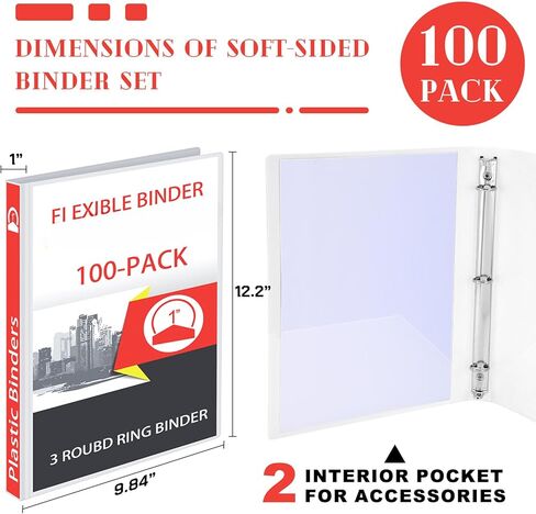 Fulmoon 100 Pcs Plastic Binders in Bulk,1 Inch 3 Ring Binders with 2 Interior Pockets,Round Ring Binders,Hold 175 Sheets,Flexible Binder with Clear Cover for Office,Home,and School (White) in Saudi Arabia