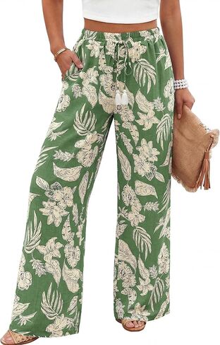 Women's Wide Leg Pants High Waisted Drawstring Loose Palazzo Pant Trendy Casual Flowy Beach Trousers with Pockets in Kuwait