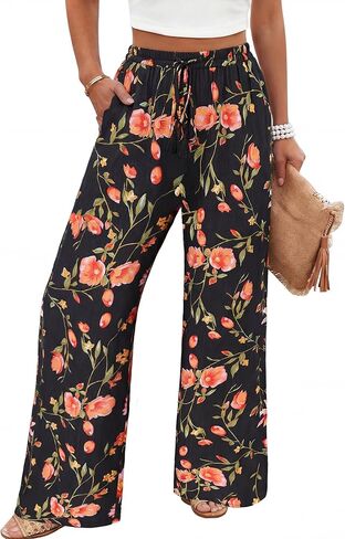 Women's Wide Leg Pants High Waisted Drawstring Loose Palazzo Pant Trendy Casual Flowy Beach Trousers with Pockets in Kuwait