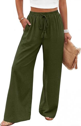 بنطال نسائي واسع الساق بخصر عالٍ برباط فضفاض بالازو بانت عصري كاجوال فضفاض للشاطئ مع جيوب in Kuwait