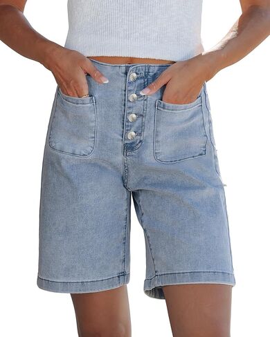 Vetinee Bermuda Shorts for Women High Waisted Button Fly Patch Pocket Long Stretch Denim Shorts Relaxed Fit Summer Jorts in Saudi Arabia