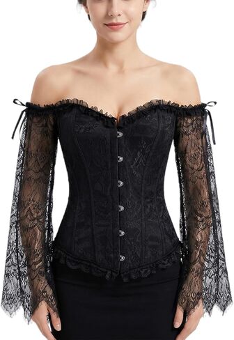 Cosfun Womens Steampunk Lace Sleeve Corset Tops Off Shoulder Corsets Bustiers Lace-up Back in Kuwait