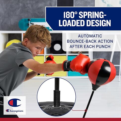 مجموعة أكياس ملاكمة Champion للأعمار من 3 إلى 10 سنوات (أحمر/أسود)، حامل قابل للتعديل مقاس 30 بوصة - 43 بوصة، قفازات ملاكمة إسفنجية مغطاة بالبولي يوريثان وقاعدة قابلة للتعبئة بالماء/الرمل للاستخدام الداخلي والخارجي in Saudi Arabia