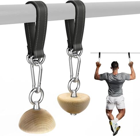 Wooden Grip Balls for Pull-Ups – 2-in-1 Flat Top & Half-Sphere Design – Beech Wood Forearm Strength Trainer with Straps & Metal Clips – for Climbers & Athletes in Saudi Arabia