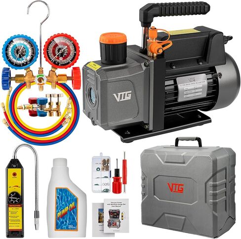 مجموعة قياس ومضخة تفريغ تيار متردد 4.5CFM، مضخة تفريغ HVAC 110 فولت 1/3 حصان 4 اتجاهات متوافقة مع مبردات R134a R22 R410a، مجموعة قياس متعددة مع كاشف التسرب، صنبور R134a، محولات قارنة التوصيل السريعة in Kuwait