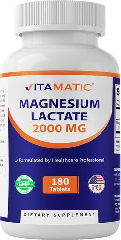 Vitamatic Magnesium Lactate 2000mg per Serving – 180 Tablets – Supports Muscle, Heart, Bone & Nervous System Health* – Non-GMO, Gluten Free, No Artificial Additives in Saudi Arabia