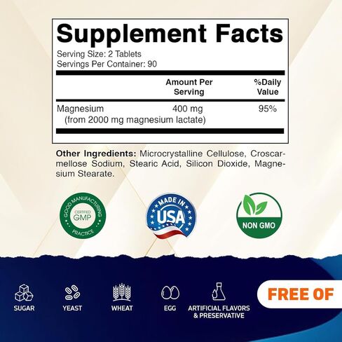 Vitamatic Magnesium Lactate 2000mg per Serving – 180 Tablets – Supports Muscle, Heart, Bone & Nervous System Health* – Non-GMO, Gluten Free, No Artificial Additives in Saudi Arabia