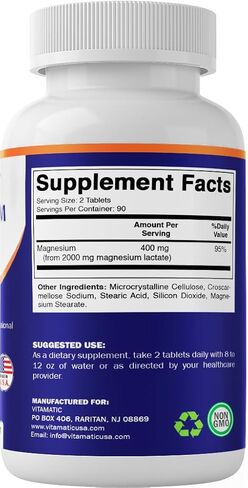 Vitamatic Magnesium Lactate 2000mg per Serving – 180 Tablets – Supports Muscle, Heart, Bone & Nervous System Health* – Non-GMO, Gluten Free, No Artificial Additives in Saudi Arabia