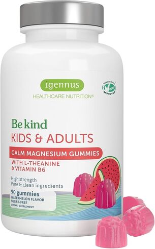 Igennus High Potency Calm Magnesium Gummies 60mg, L-Theanine 100mg & Vitamin B6 3mg, Daily Stress Support for Kids & Adults, Clean Ingredients & Vegan, Sugar-Free, Watermelon Flavor, 45-90 Servings in Saudi Arabia