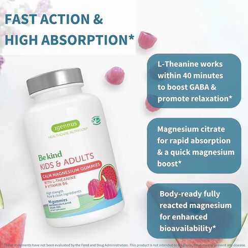Igennus High Potency Calm Magnesium Gummies 60mg, L-Theanine 100mg & Vitamin B6 3mg, Daily Stress Support for Kids & Adults, Clean Ingredients & Vegan, Sugar-Free, Watermelon Flavor, 45-90 Servings in Saudi Arabia