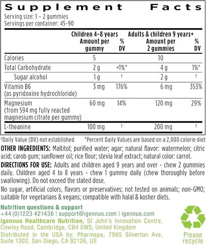 Igennus High Potency Calm Magnesium Gummies 60mg, L-Theanine 100mg & Vitamin B6 3mg, Daily Stress Support for Kids & Adults, Clean Ingredients & Vegan, Sugar-Free, Watermelon Flavor, 45-90 Servings in Saudi Arabia
