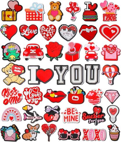 42 قطعة من مجموعة سحر تزيين الأحذية اللطيفة لعيد الحب، سحر الأحذية العصرية للنساء والفتيات البالغات، سحر حذاء عيد الحب PVC مع قلب الحب والحيوانات والحروف، هدايا مثالية لحفلات العطلات in Kuwait