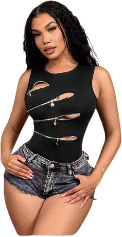 WDIRARA Women's Plus Size Cut Out Zip Front Sleeveless Bodysuit Club Night Out Body Suits in Kuwait