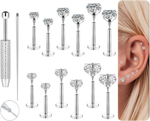 18G 16G Hypoallergenic Surgical Stainless Steel Internal Thread Tragus Labret Cartilage CZ Stud Piercing Jewelry Helix Cartilage Conch Nose Lip Labret Medusa Piercingenic Be Equipped With Piercing Ball Grabber Tool Flat Back Stud Earrings for Women Men in Saudi Arabia