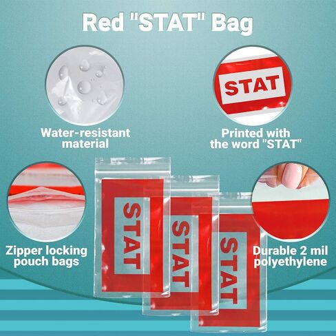 APQ Supply Red STAT Bags, Pack of 1000, 5 x 8 Inch Clear Zipper Polyethylene Bags, 2 mil Thick, Seal Top, Printed for Clinical and Operative Use in Saudi Arabia