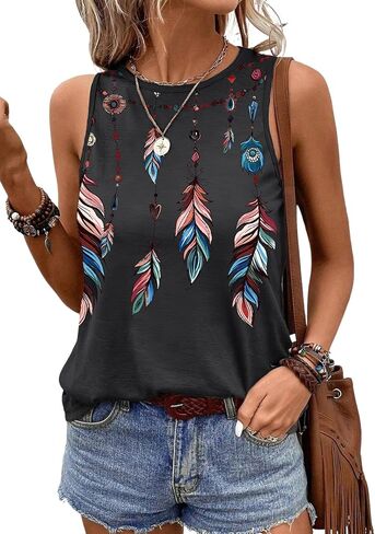 SHEWIN Womens Tank Tops Feather Print Graphic Crewneck Sleeveless Summer Tops Loose Fit Vacation Beach in Saudi Arabia