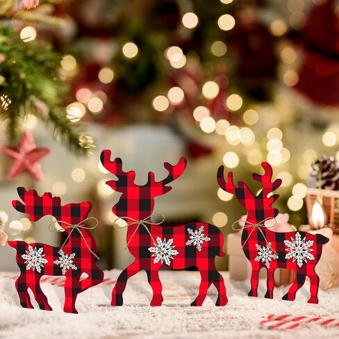 3 Pcs Reindeer Christmas Decor, Rustic Christmas Table Decor for Home, Farmhouse Centerpiece, Holiday Xmas Tiered Tray Decorations for Kitchen, Living Room, Dining Table, Shelf (Multicolor) in Saudi Arabia